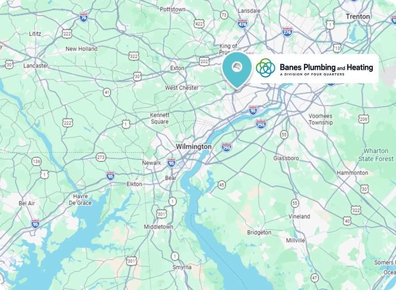 Map showing the Wilmington and Philadelphia area with a marker and Banes Plumbing and Heating logo in the Philadelphia region.