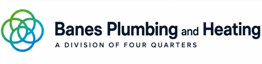Banes Plumbing and Heating logo with blue and green interlocking circles and the tagline “A Division of Four Quarters” in blue text.